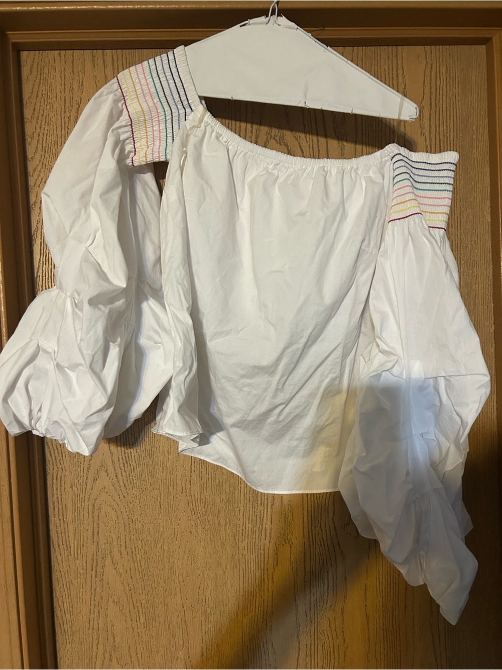 NWOT Greyson White Off-Shoulder Top with Rainbow Smocked Accents